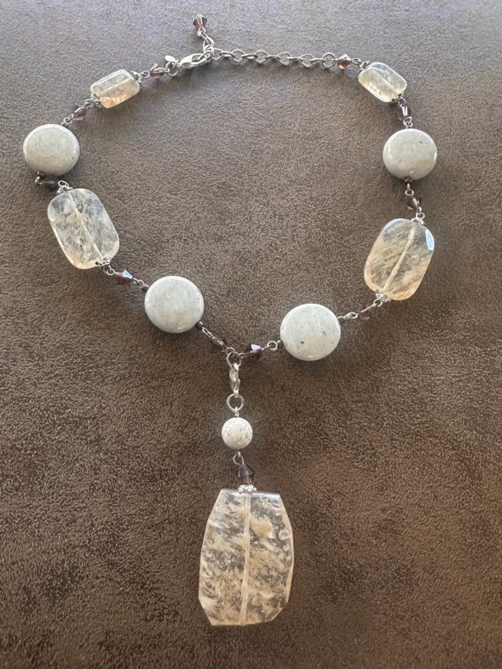 Handmade Quartz & Natural Stone Y-Drop Necklace Silver Extender